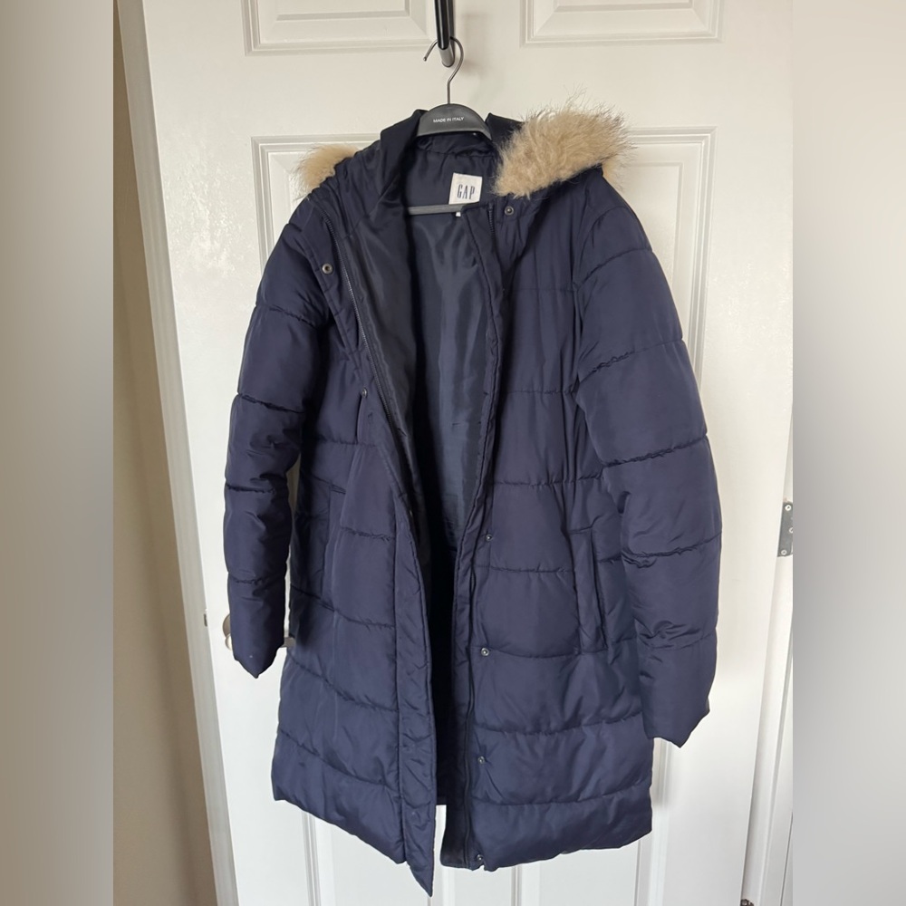 GAP Navy Puffer Coat with Fur Hood